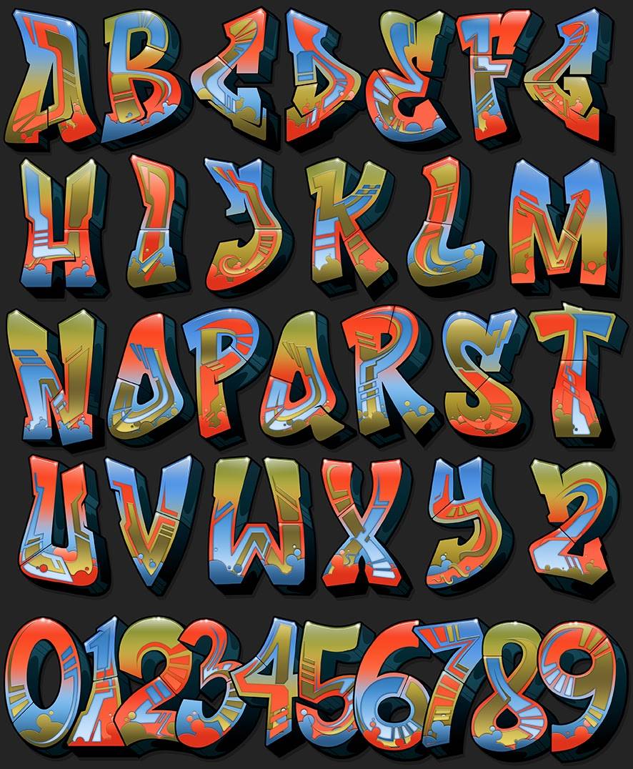 Шрифт разного цвета. Необычные буквы. Красивые объемные буквы. Граффити буквы. Необычные буквы для оформления.